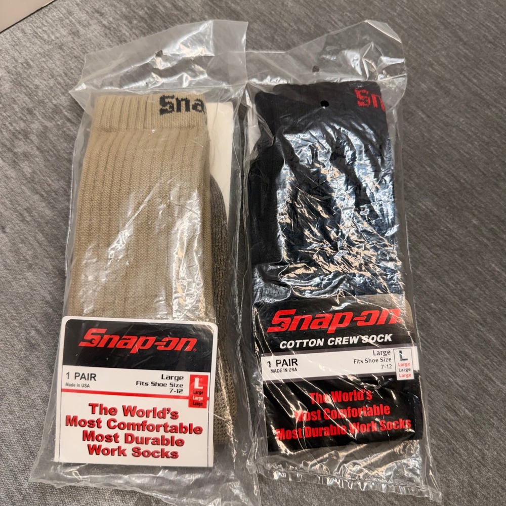 Snap-on Tools Large Mens Cotton Crew Socks 2 Pair Lot Black Tan Fits 7-12 USA